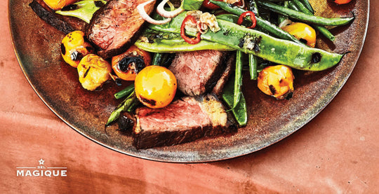 GRILLED STRIP STEAK WITH CHARRED VEGETABLES